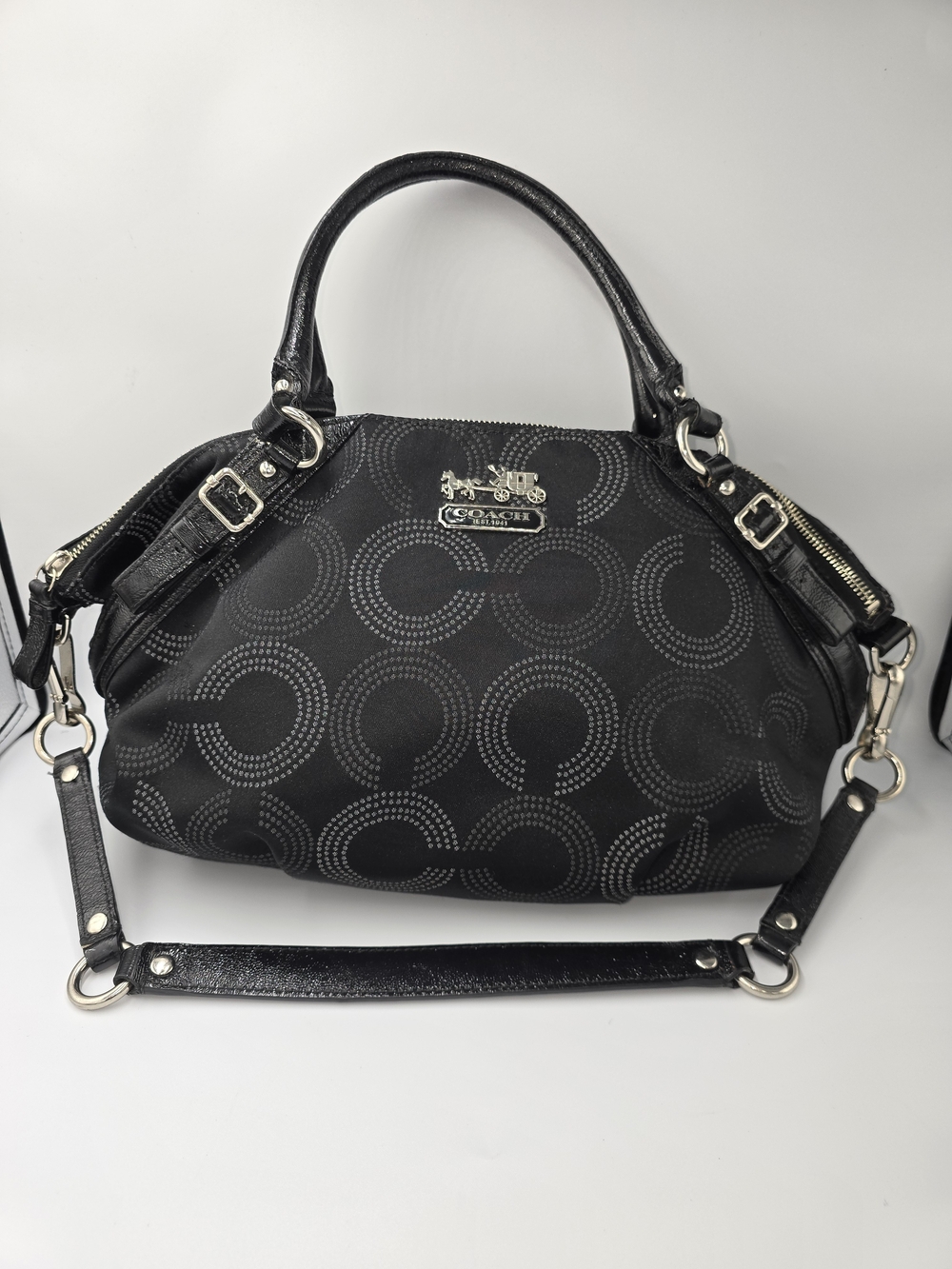 COACH 15957 Madison Dotted Op Art Large Black Sophia Satchel Shoulder Bag Purse*